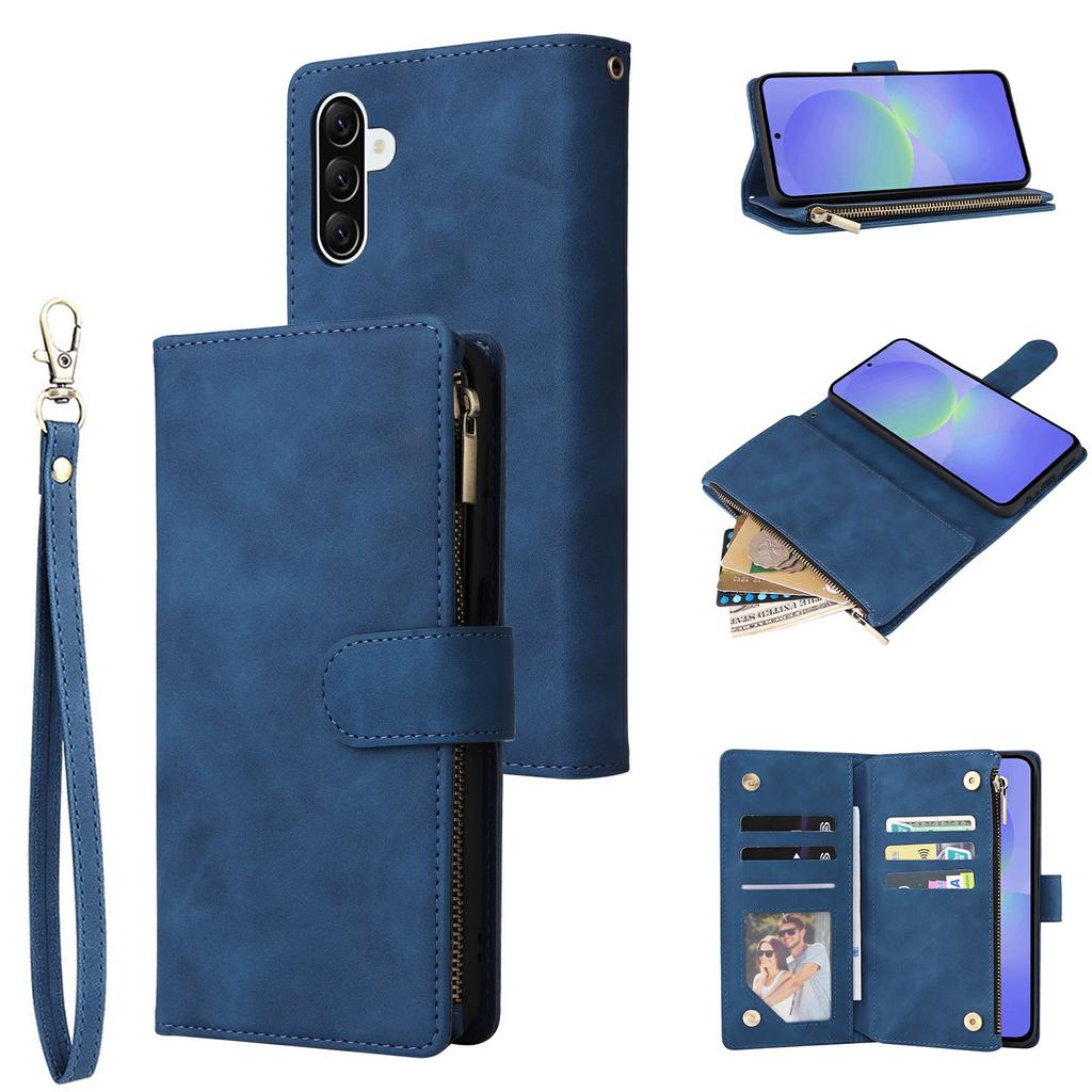 For Samsung Galaxy A37 5G Case Zipper Wallet Multiple Card Slots Leather Phone Cover with Wrist Strap