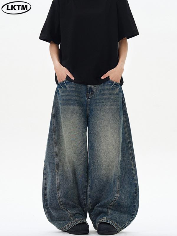 LKTM Unisex Amerykańskie Retro Niebieskie Spodnie Dżinsowe Baggy z Tie-Dye i Zakrzywioną Nogawką