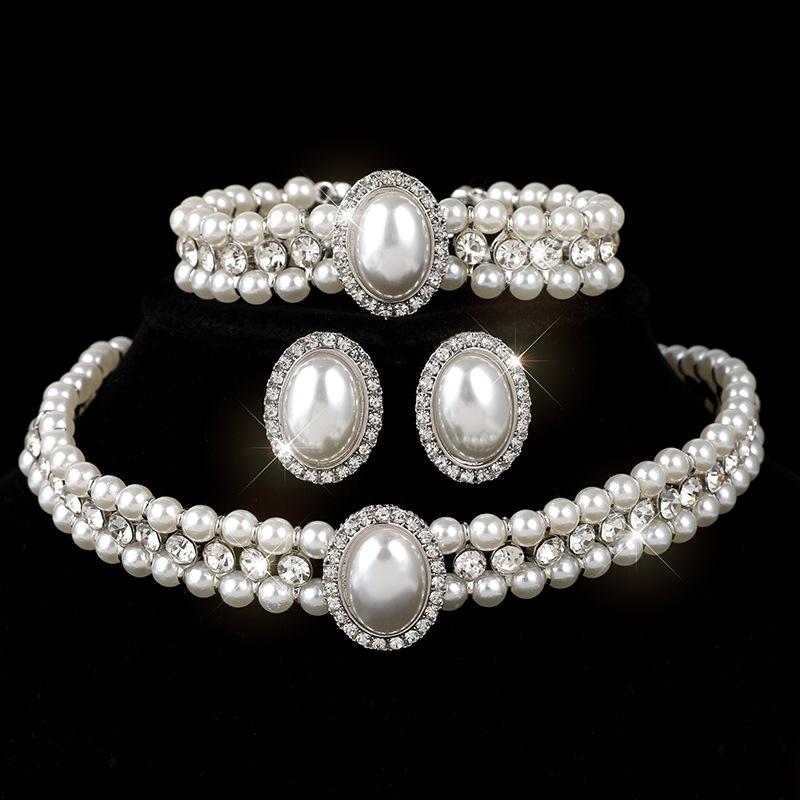 Vintage Pearl Rhinestone Bridal Necklace Earrings Set Cheongsam Neck Chain Collarbone Chain Set Multi-layer Pearl Jewelry Women