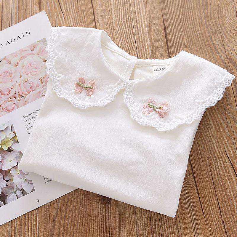 Girls' White Lace Lapel Long Sleeve Spring Pullover Shirt