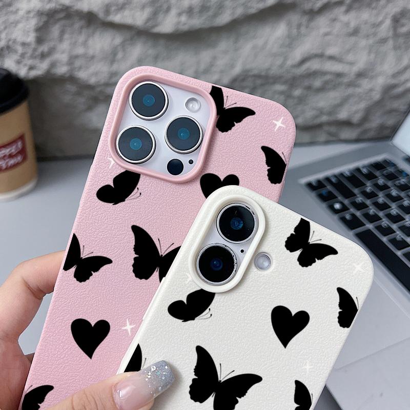 Coque Mate Motif Papillons Cœurs d'Amour Pour iPhone 16 Pro 15 Pro Max 14 13 12 11 TPU Texture Cuir Antichoc Douce Fine Housse de Téléphone