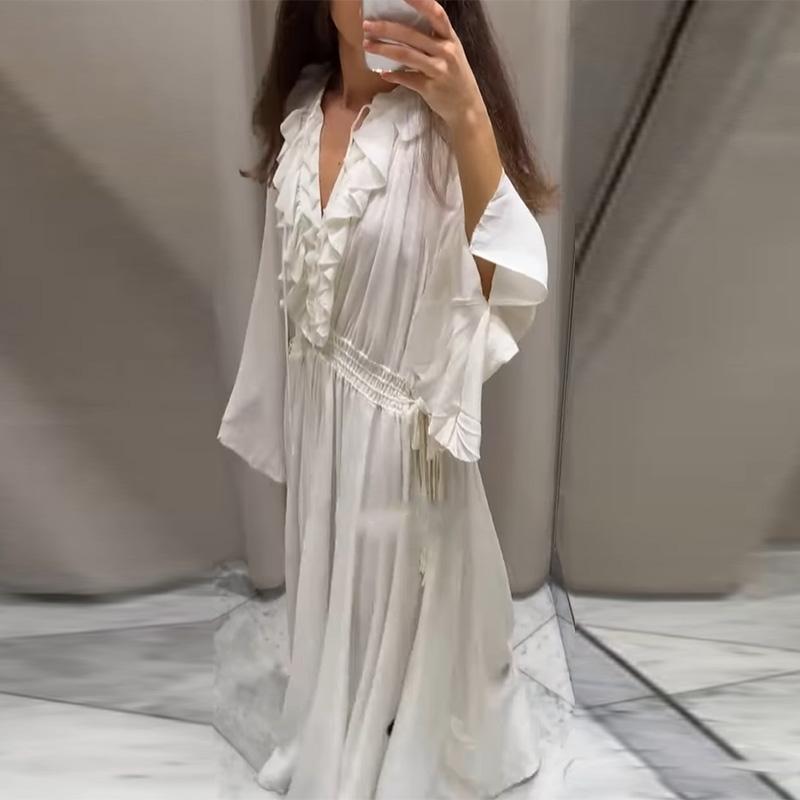 Elegant Solid Color Flounces Dresses Loose V Neck Full Sleeve Female Long Dress New Lady Summer Commute Vacation Dress 2025