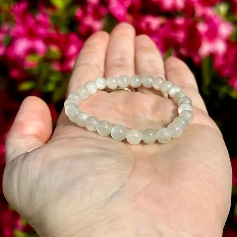 White Jade Moonlight Bead Bracelet - Handmade Natural Stone Elastic Bracelet