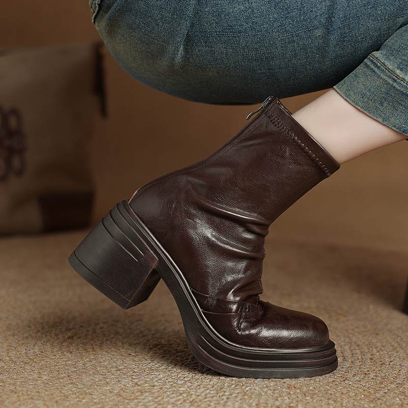 Krazing Pot Sheepskin Winter Round Toe Modern Platform Boots Thick High Heels Zipper Women Ankle Boots