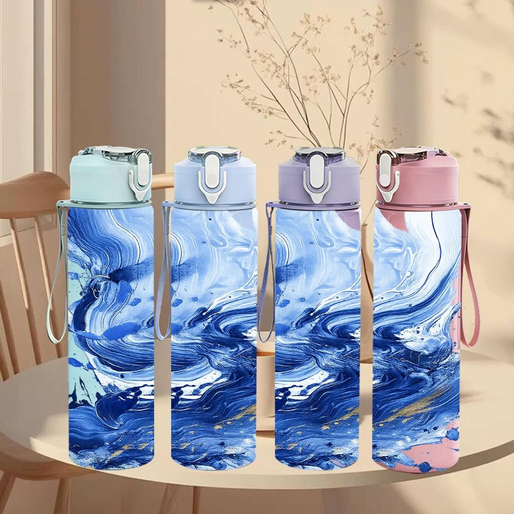 1PC Dark Blue Fluid Paint Pattern 750ml Color Plastic Sports Water Bottle Leakproof Flip Straw Lid Suitable for Sports Office Home Use