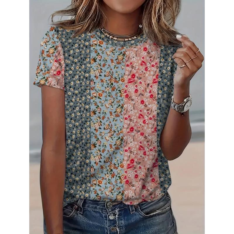 Summer Round Neck 3D Ditsy Floral Print T-shirts Bohemian style Fashionable Casual Short Sleeved Women's T-shirts