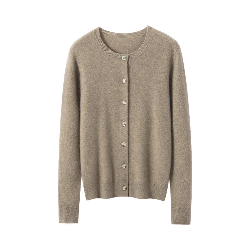 Women's 100% Pure Cashmere Round Neck Cardigan - Autumn/Winter Fashion Long Sleeve Knit Sweater Coat