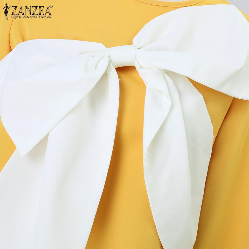 ZANZEA Women Casual Bows Patchwork Long Sleeve Loose Blouse