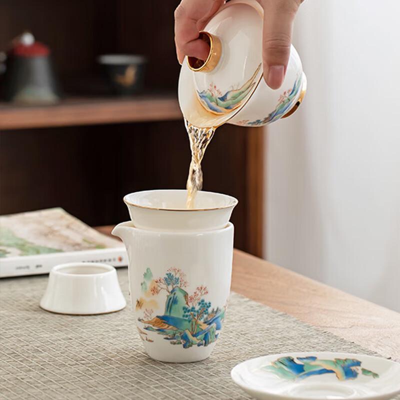 9-Piece Chinese Ceramic Gongfu Tea Set with Green Mountains & Clear Waters Design