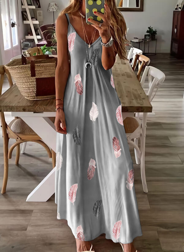 Damen V-Ausschnitt Ärmellos Spaghettiträger Maxikleid Lockerer Schnitt Federdruck Fließendes Langes Kleid Sommer Strandurlaub Freizeitkleid