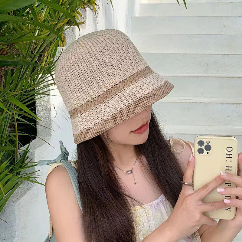 Spring and autumn thin milk silk woven bucket hat contrasting color edge versatile face covering bucket big brim basin hat