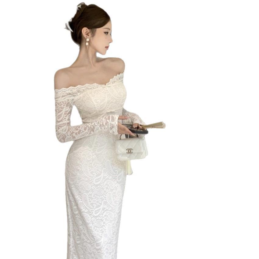 Off-White One-Shoulder Lace Dress: Women's Autumn/Winter Slim-Fit Mermaid Skirt, Waist-Cinched Hip-Hugging Design.