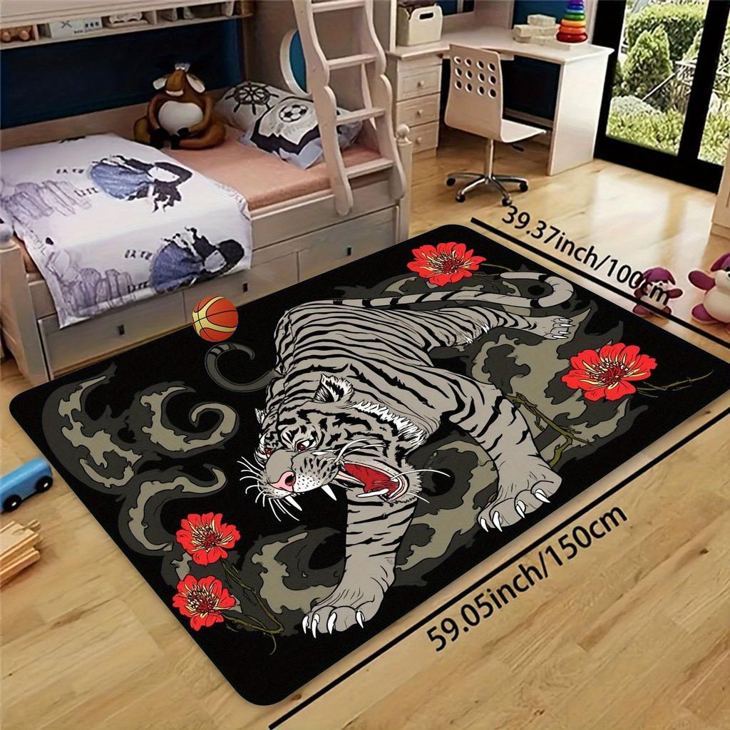 Tiger Flannel Mat Carpet, Roaring Fierce Chinese Floral Print, Soft Comfortable for Living Room Kitchen Bedroom Entryway