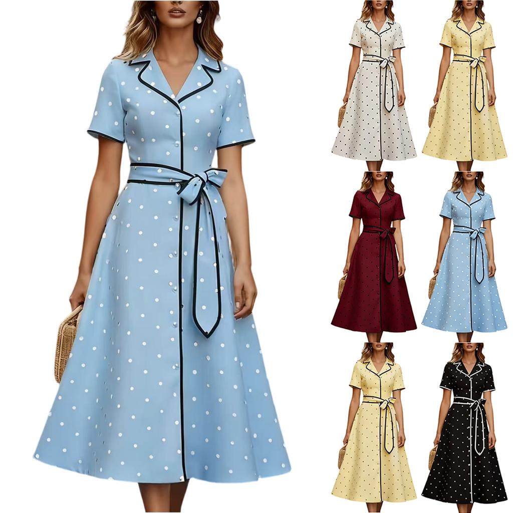 Women's Polka Dot V Neck Button Front Dress with Waist Tie Short Sleeve Midi Dress Casual Elegant Style