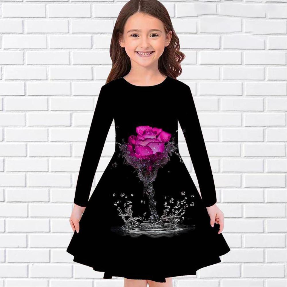 Girls' 3D Rose Ink Splash Dress Long Sleeve Summer Spring Vacation Daily Holiday Princess Beautiful Sweet Kids 4-12 Years Casual Dress A Line Dress