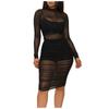 Women’s Sexy Three Piece Outfit Long Sleeve  Sexy Sheer Ruched  Mesh Dress with Vest and Shorts
