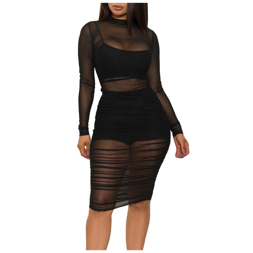 Women’s Sexy Three Piece Outfit Long Sleeve Sexy Sheer Ruched Mesh Dress with Vest and Shorts