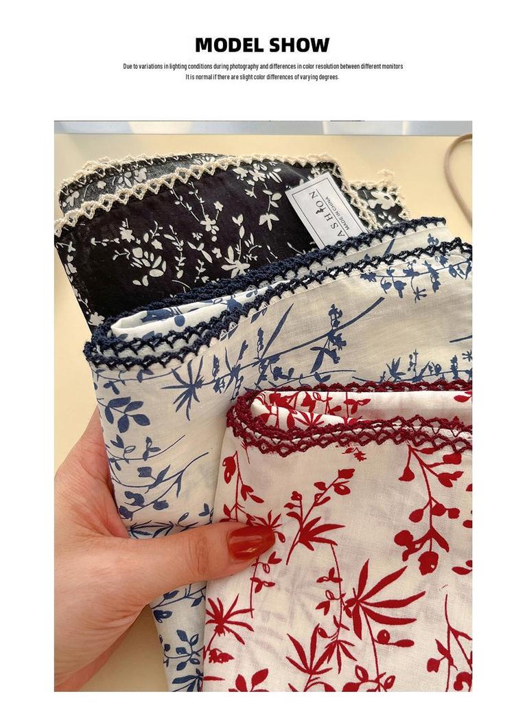 Women's Retro Floral Silk Cotton Scarf: Black Rice Square, Hair Band, Neck Warmer, Headscarf - Spring/Summer.