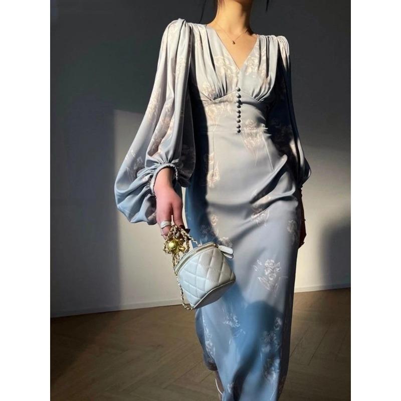 Neu Elegante Druck Meerjungfrau Kleider für Frauen Sommer Neue Slim V-ausschnitt Langarm Landebahn Partei Robe