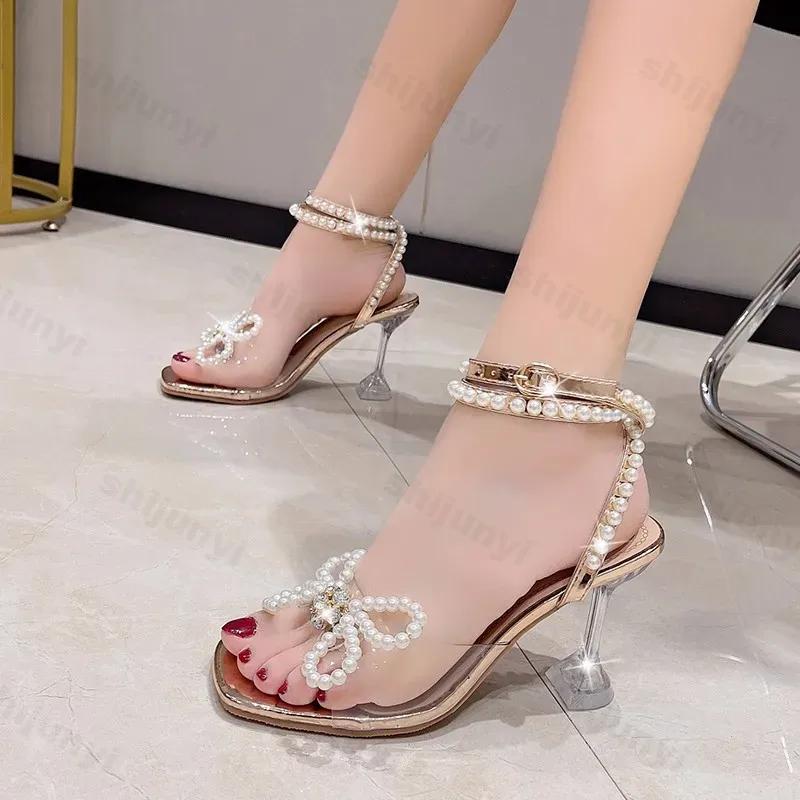 Fashion 2025 Summer White Pearl Bow High Heels Wedding Shoes Woman Square Toe Peep Toe  Thin Heels Party Sandals Zapatillas Mujer