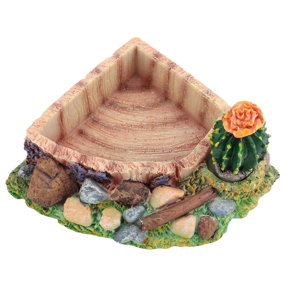 Reptile Pet Turtle Tortoise Lizard Feeding Water Bowl Plate with Cactus Home Decoration