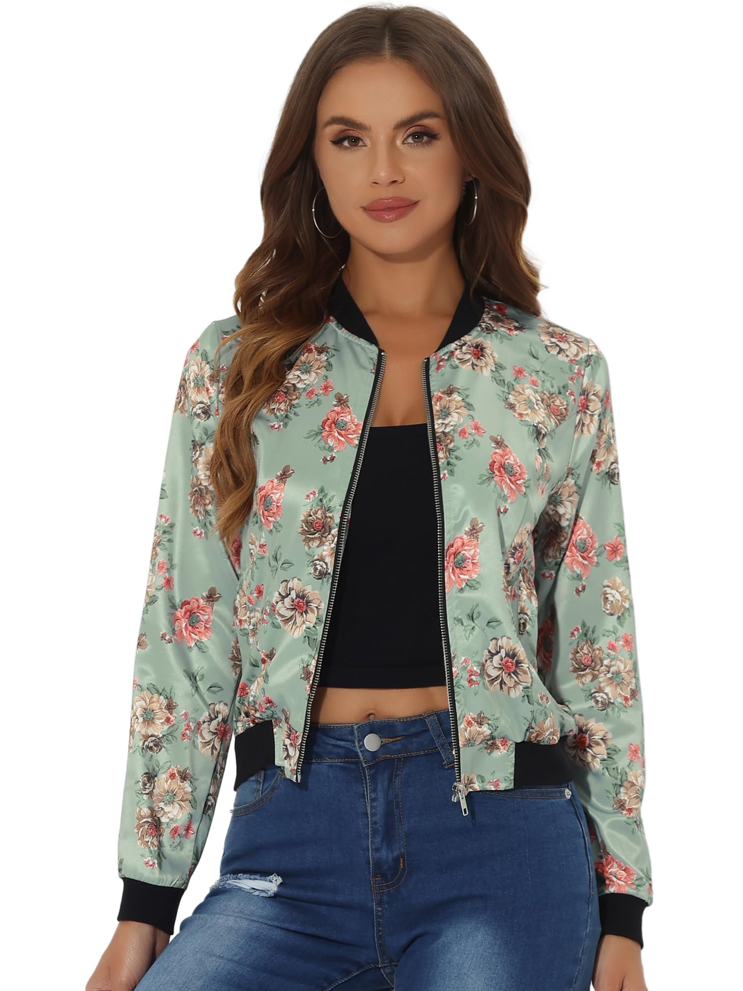 

Allegra K Women s Floral Print Jacket, Blouson, Stadium Jacket, Short Outerwear, Long Sleeves, Stand-Up Collar, Light Green Brown, Size S