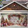 2D Red White Christmas Garage Door Banner with Wreath and Lights Holiday Decor