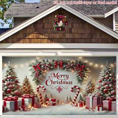 2D Red White Christmas Garage Door Banner with Wreath and Lights Holiday Decor