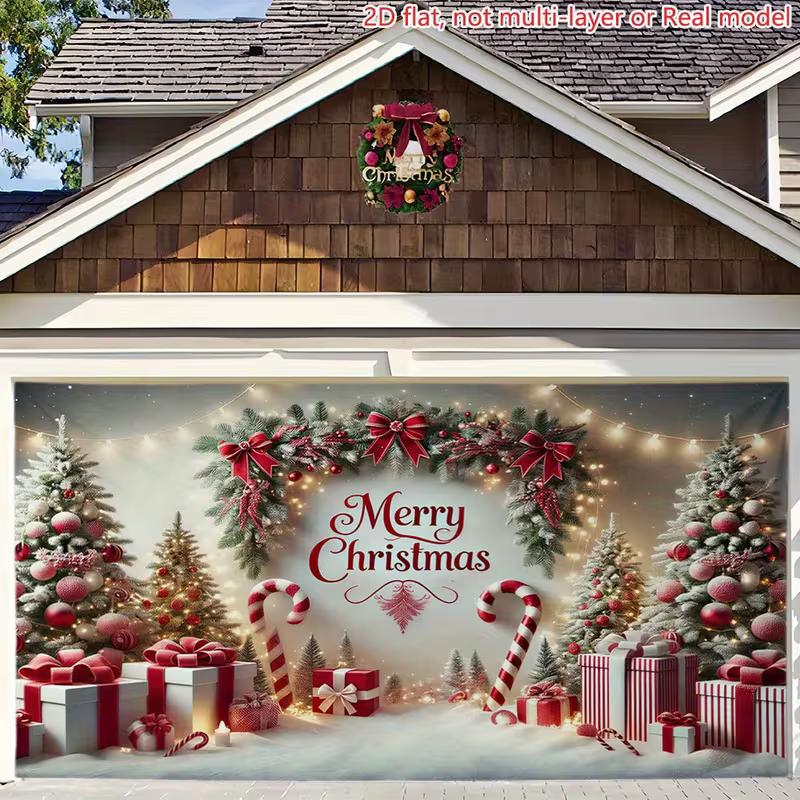 

2D Red White Christmas Garage Door Banner with Wreath and Lights Holiday Decor 47.2x31.5inch/120*80cm