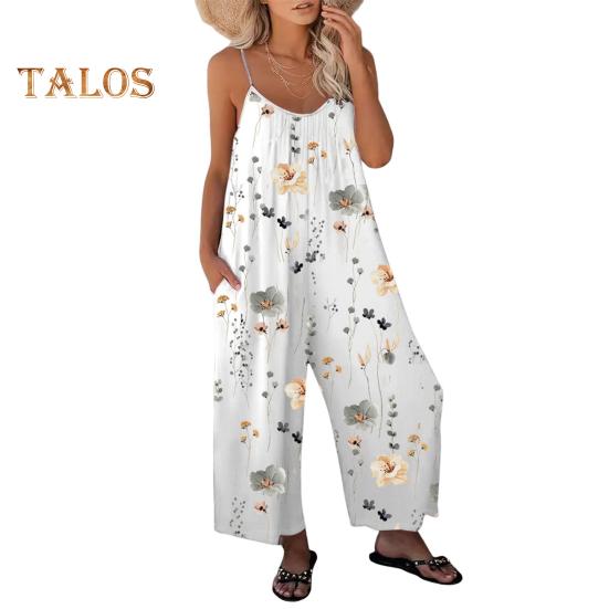 Sommer-Jumpsuit für Damen, verstellbarer Spaghettiträger, rückenfrei, ärmellos, weites Bein, lockerer Blumendruck, tiefer Schritt, Seitentaschen, plissiert, Urlaub, Strand