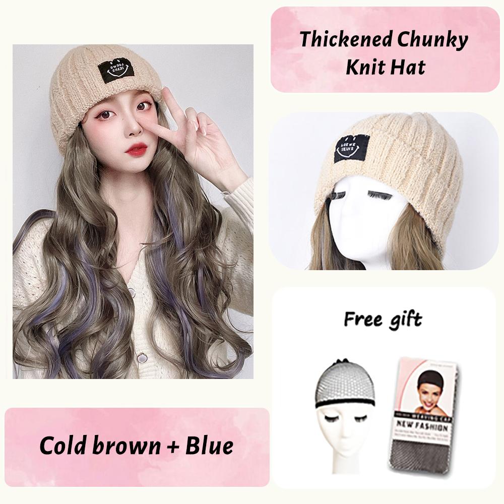 Women's Winter Wig Hat Knitted Hat Long Wave Straight Hair Synthetic Hat Wig