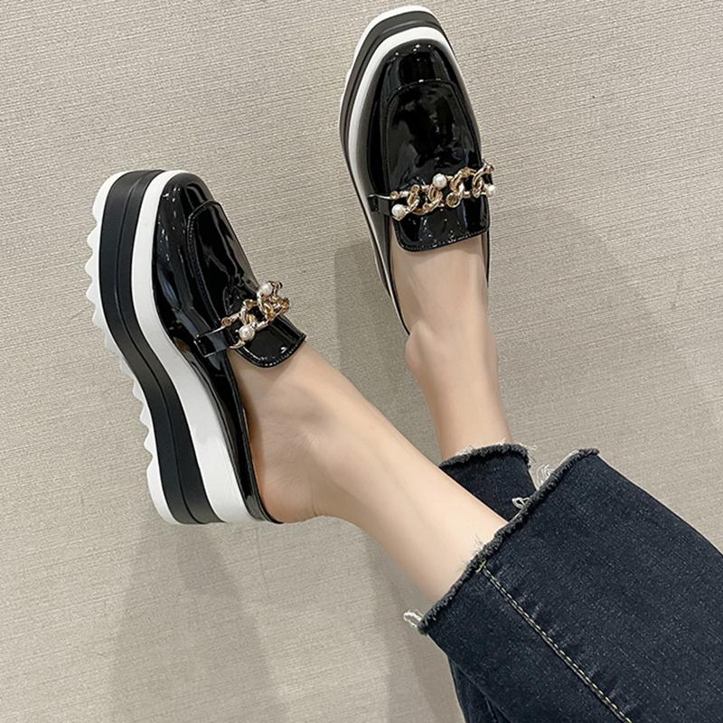 Patent Leather Semi-Slip Women's Square Toe Deep Mouth Pearl Metal Rear Low Non-Slip Wear-Resistant Wedge