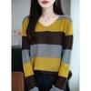 Korean Color Block V-Neck Knit Sweater - Women's Casual Striped Loose Fit for Early Autumn