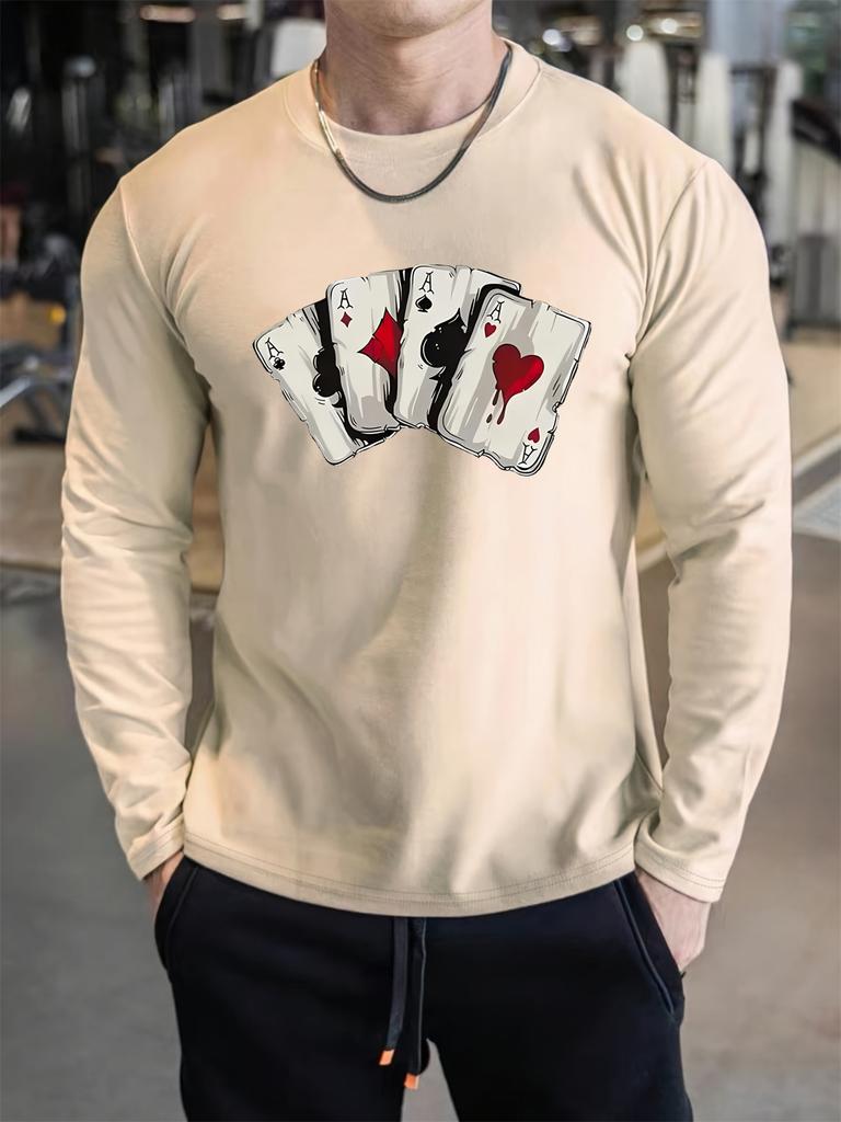 Men's Loose and Comfortable Casual Sports Poker Card Pattern Printed Round Neck Long Sleeved T-shirt Top