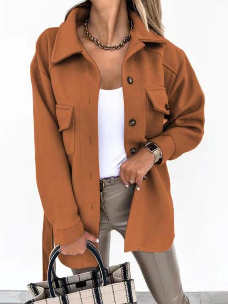Women Winter Wool Coat with Lace Trim Long Sleeve Solid Color Autumn Fashion