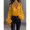 QICED Women's Fashion Casual Solid Color Print Long Sleeve V Neck Blouses & Shirts