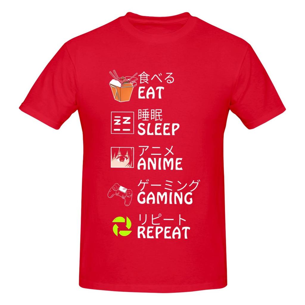 Unisex Eat Sleep Anime Gaming Repeat Funny T Shirt Vintage Cotton Crewneck Tshirts