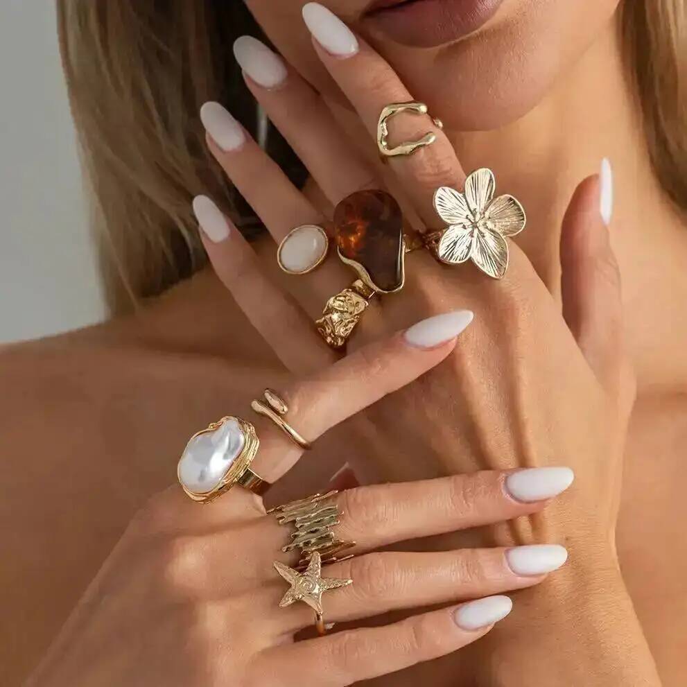 SHIXIN 9Pcs/Set Elegant Irregular Baroque Imitation Pearl Open Rings Women Trendy Creative Geometry Finger Ring Wedding Jewelry