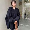 Women's Black Loose Knit Cardigan - Mid-Length, Long-Sleeved, Lazy Style Sweater Coat