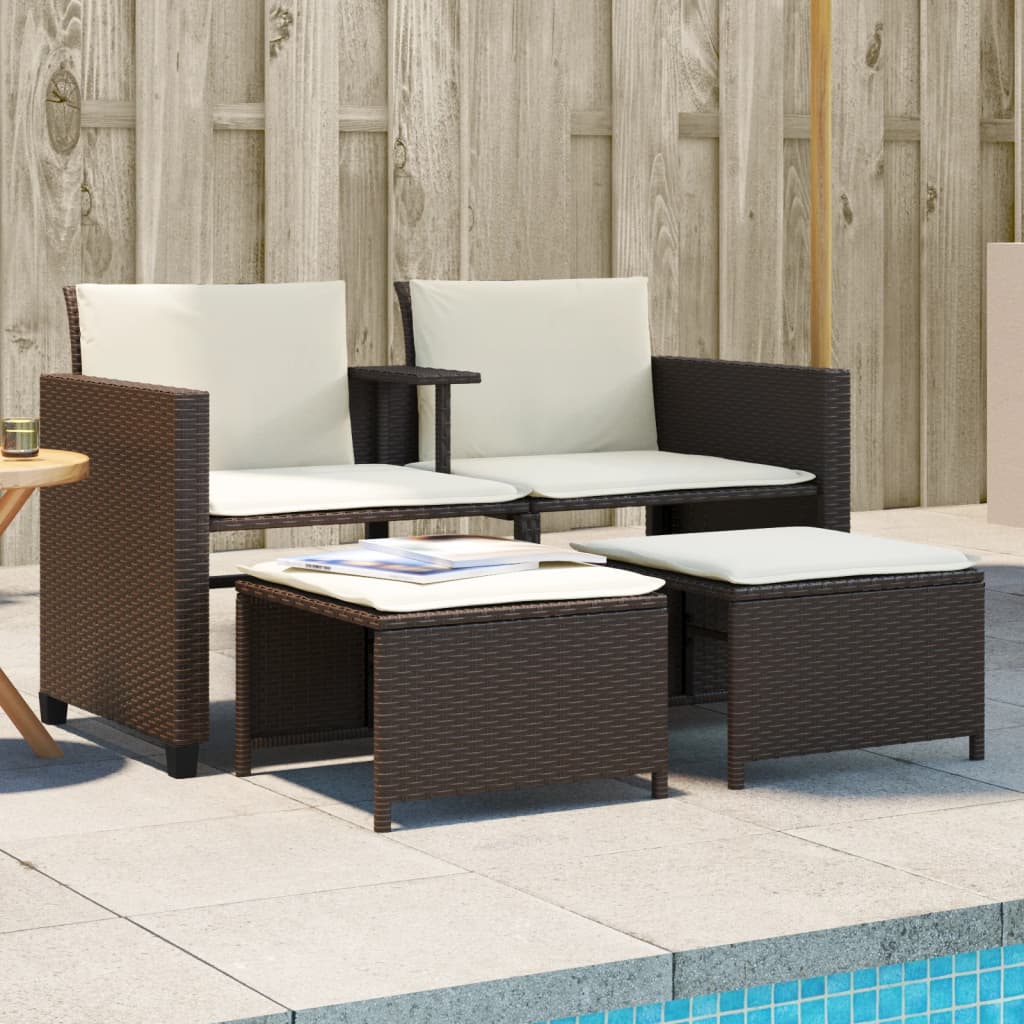 Vidaxl 2-Os. Garden Sofa with Table and Stools, Brown, Poly Rattan