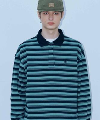 PLACESTUDIOMAN Multi-Stripe Rugby Pipette Collar Polo Long Sleeve T-Shirt_3 Colors