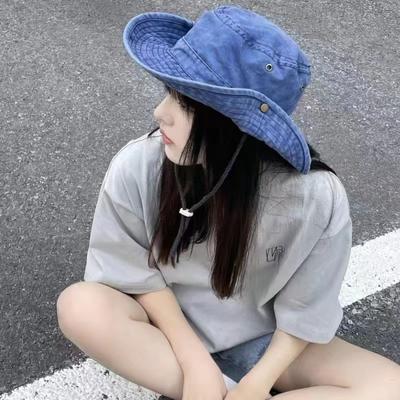 Blue Cowboy Bucket Hat with String Men Denim Beach Sun Hat for Women Outdoor Spring Summer Fisherman Hat Fashion