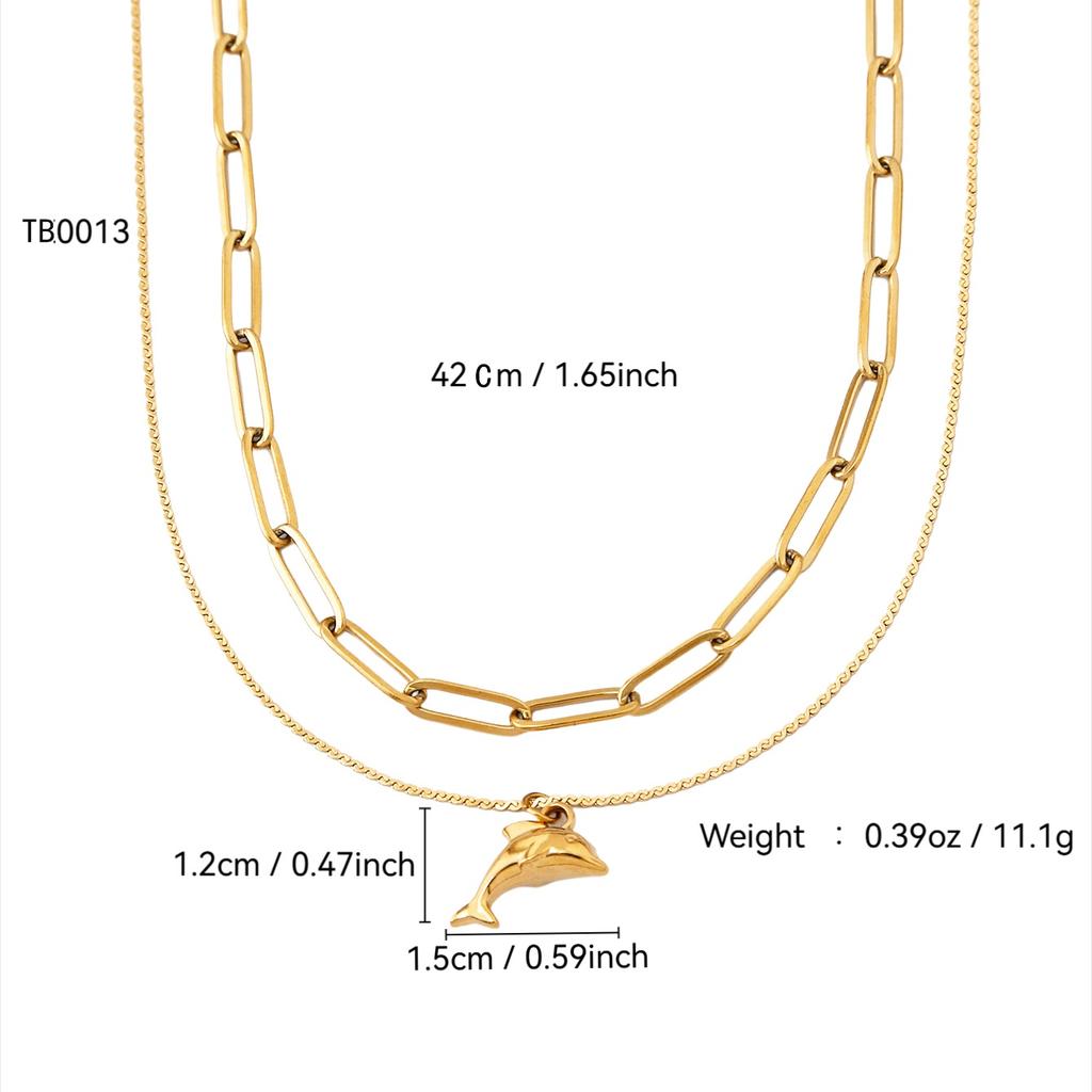 Summer Beach Fashion Simple Cold Wind Stainless Steel 18K Gold Plated Dolphin Pendant Double Necklace For Men And Women