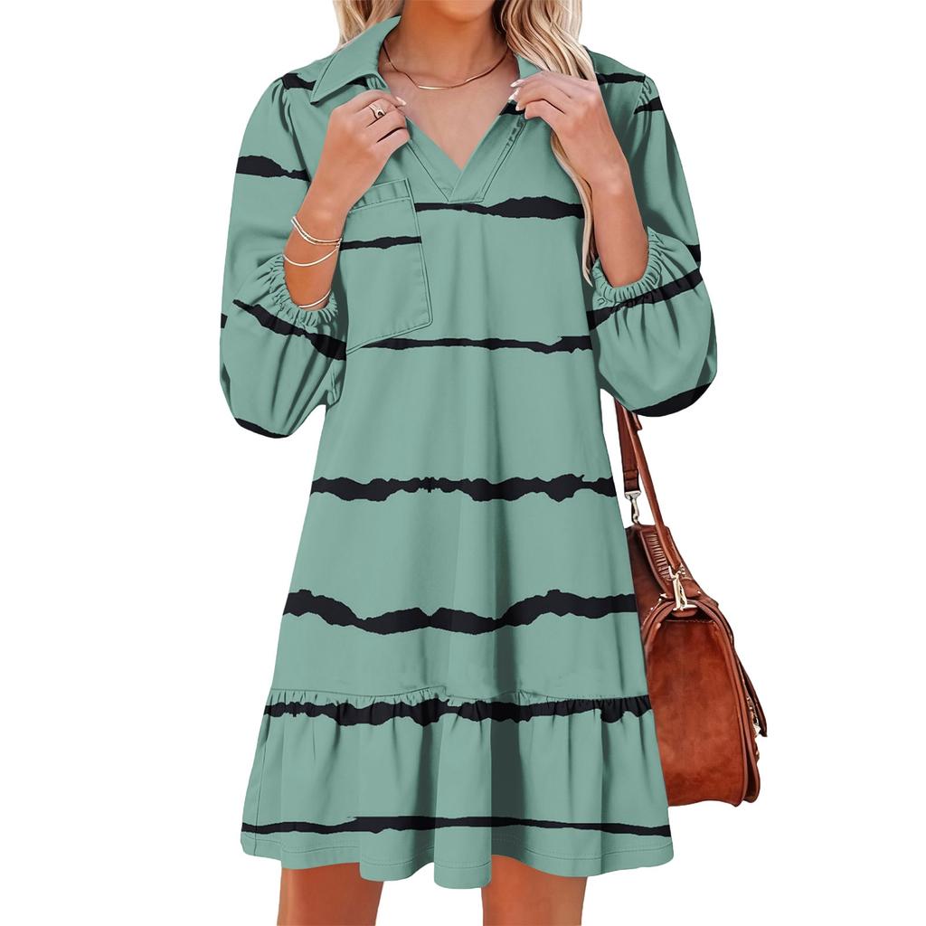 Damenmode Elegant Herbst Und Winter Langarm V-Ausschnitt Weihnachtsprint Kleid