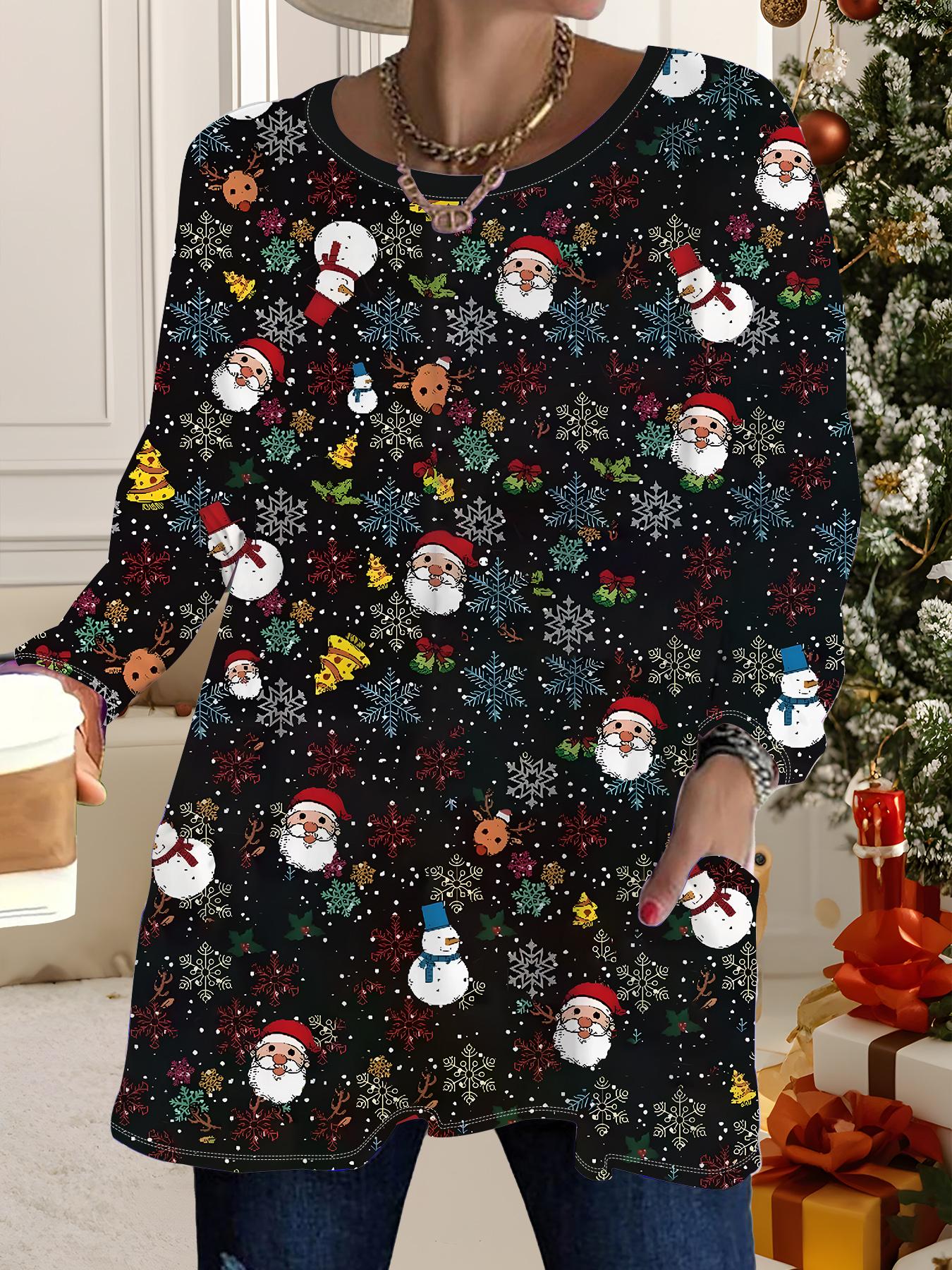 

2025 Autumn Winter New Plus Size Women s Tops, Christmas 3D Print Fashion Crew Neck Long Sleeve T-Shirts 6XL синий