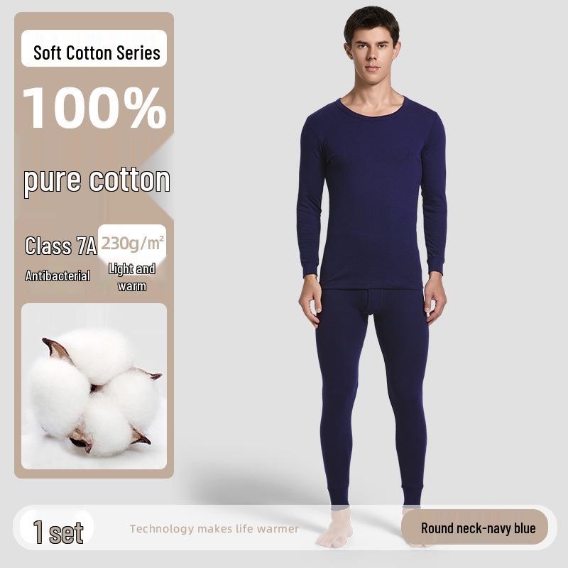 Men's 100% Cotton High-Neck Knit Thermal Set: Antibacterial Top & Bottoms, Plus Sizes