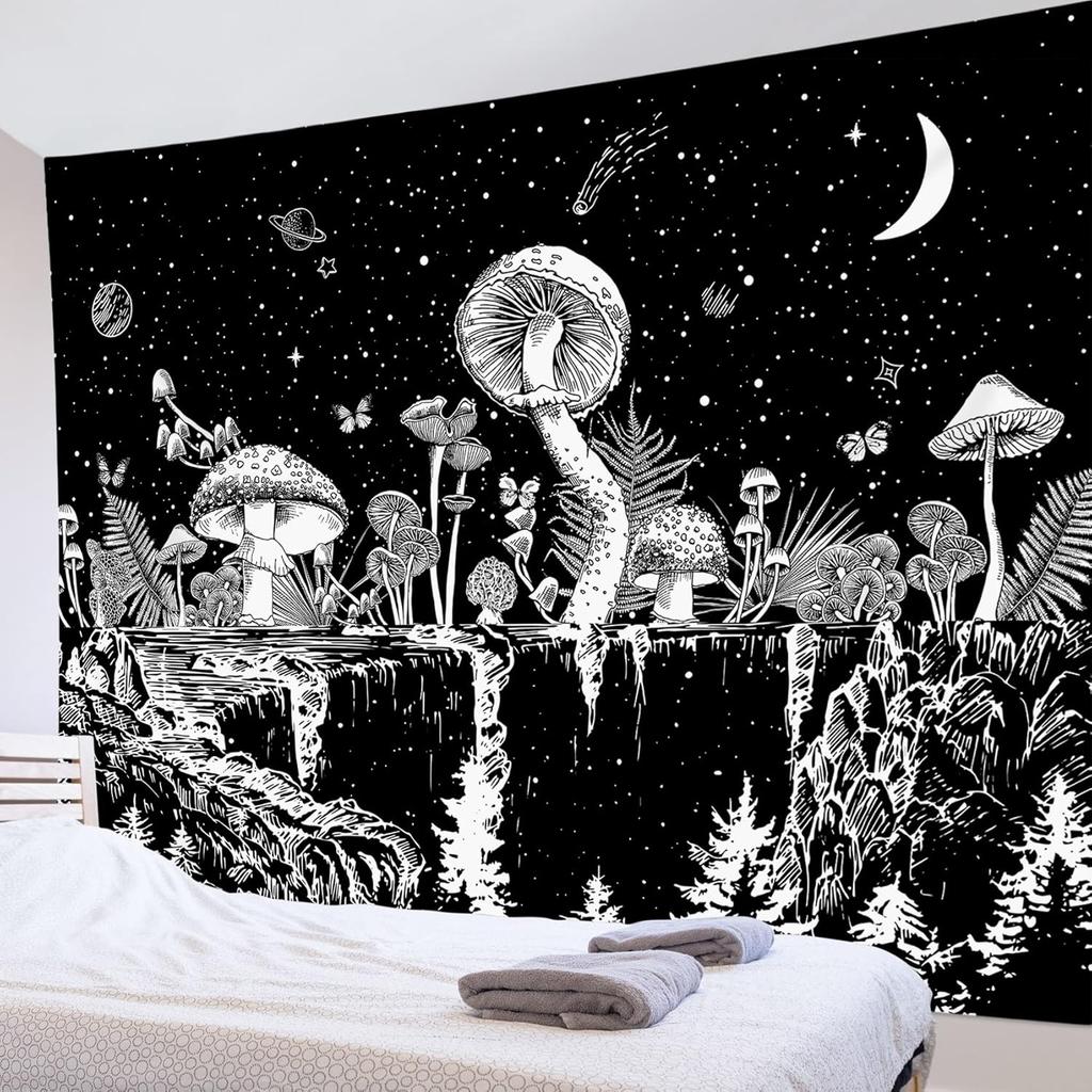 Black and White Mountain Tapestry Nature Moon Forest Mushroom Galaxy Stars Tapestry for Bedroom Aesthetic Wall Art Decor for