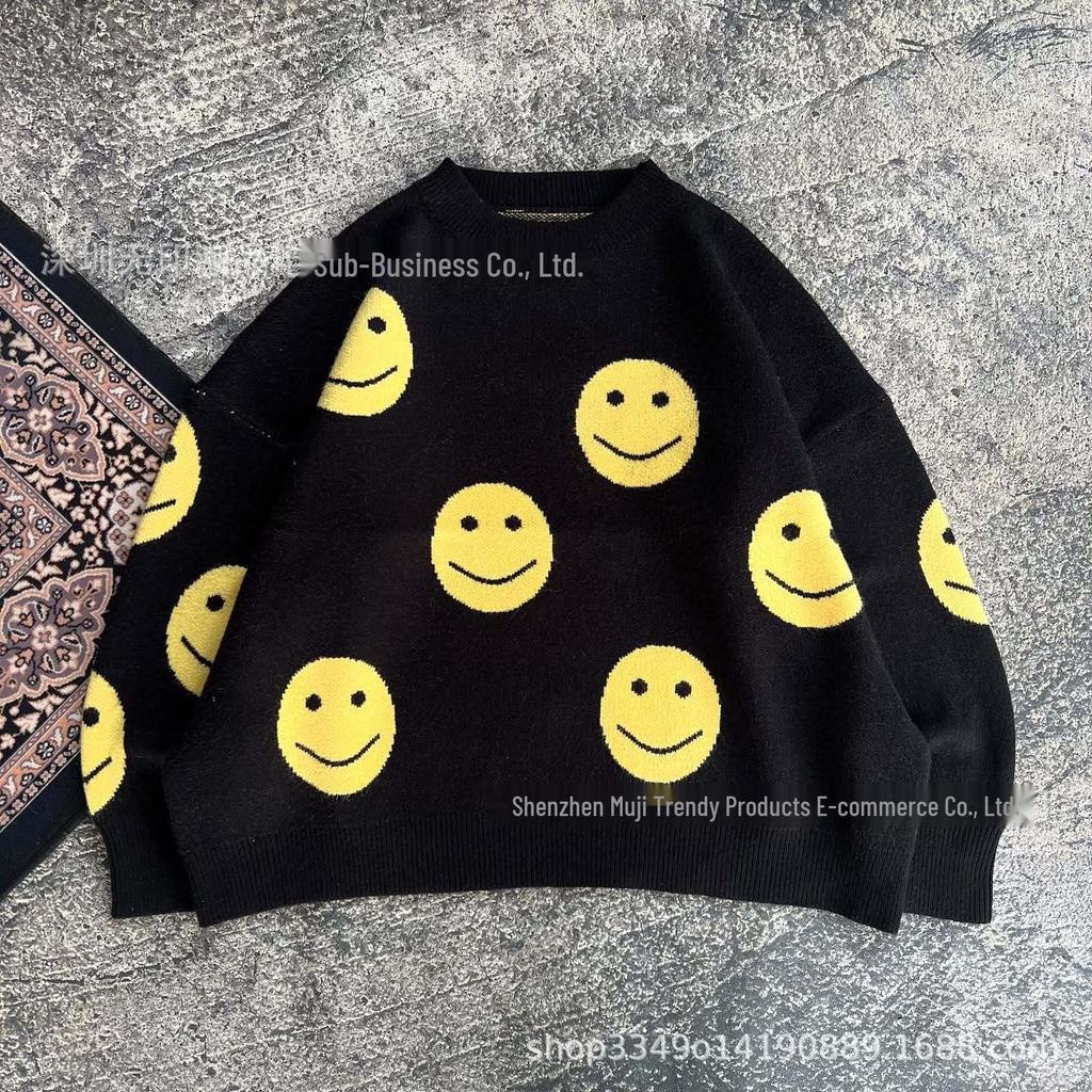 Unisex 3D Smiley Face Jacquard Loose Pullover