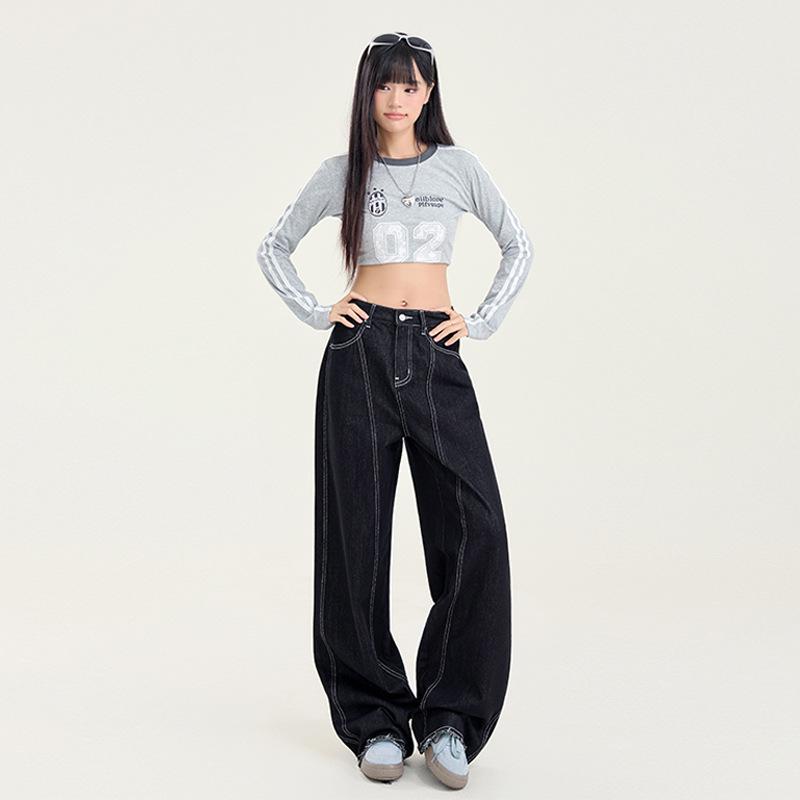 Women s 2026 Spring American Retro Scythe-Leg High Waist Loose Wide-Leg Floor-Length Jeans Small