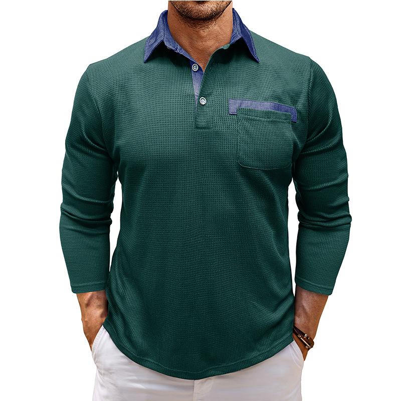 Autumn New Men's Long-sleeved Waffle Polo Shirt Fashion Men's Lapel T-shirt Tops